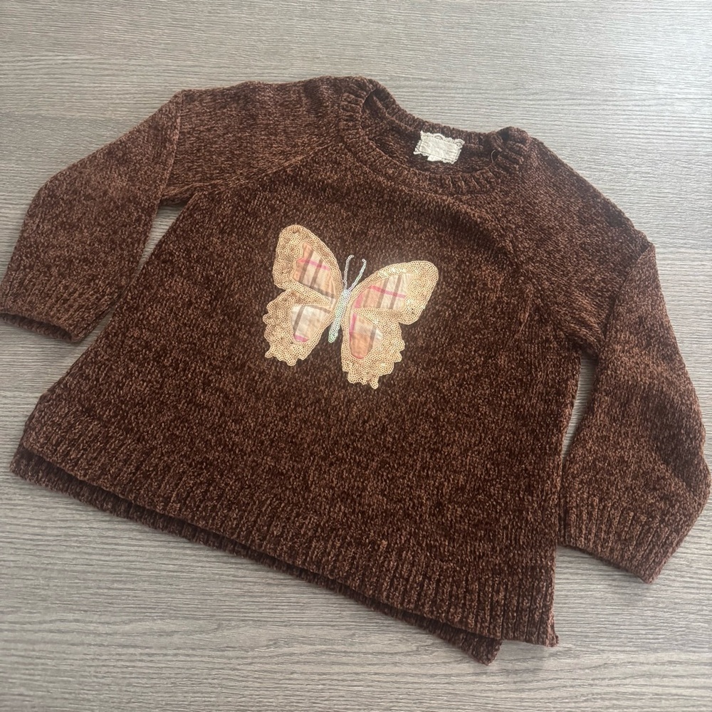 Btween Girls Sweater Size 10 Sequin Butterfly Brown Soft Comfy Pullover